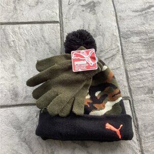 New kids puma Green Camo Beanie Cap with gloves